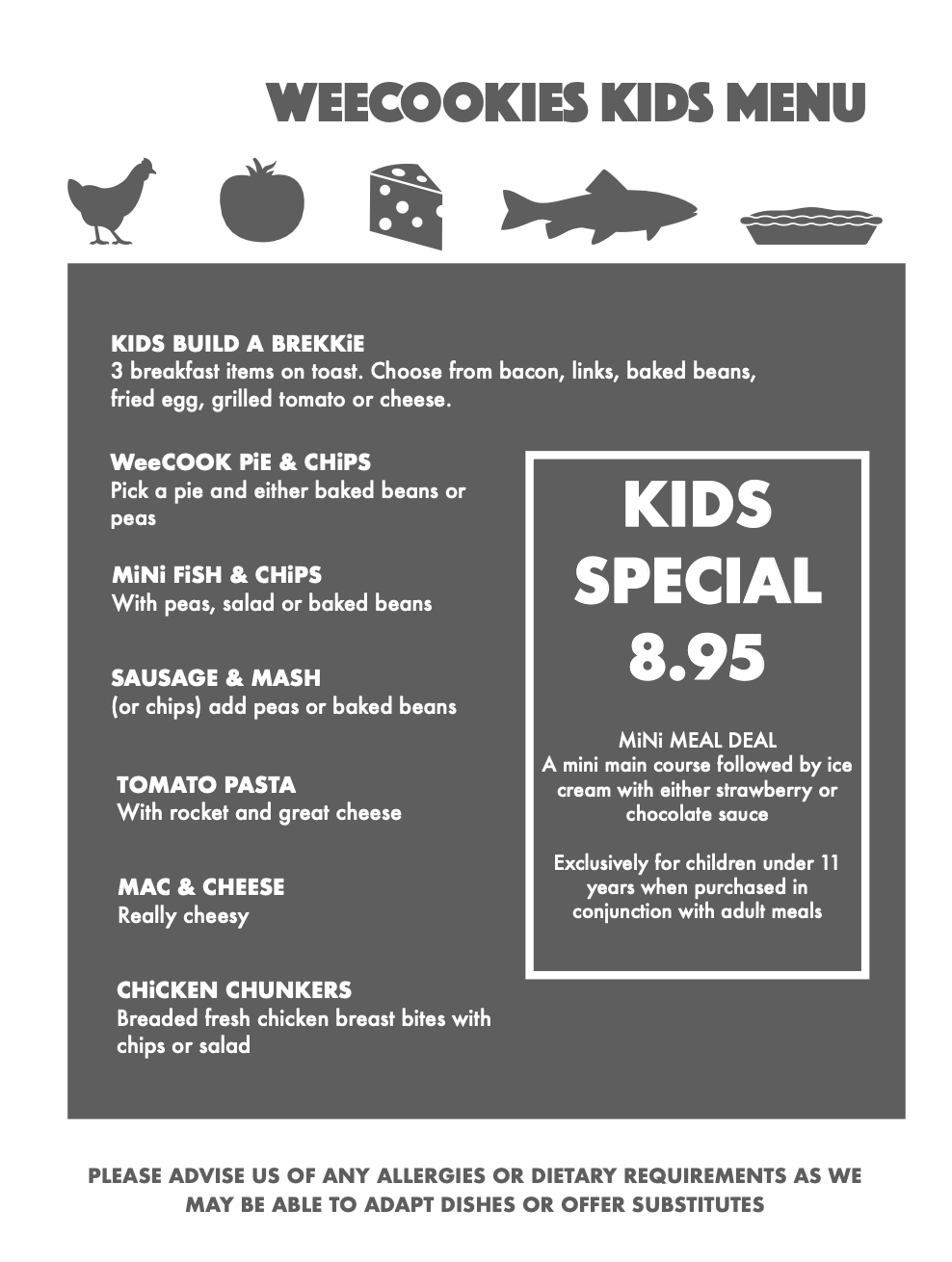 Kids menu, Children's food menu WeeCOOK, Carnoustie restaurant, cafe and pies, Angus, Dundee, Scotland